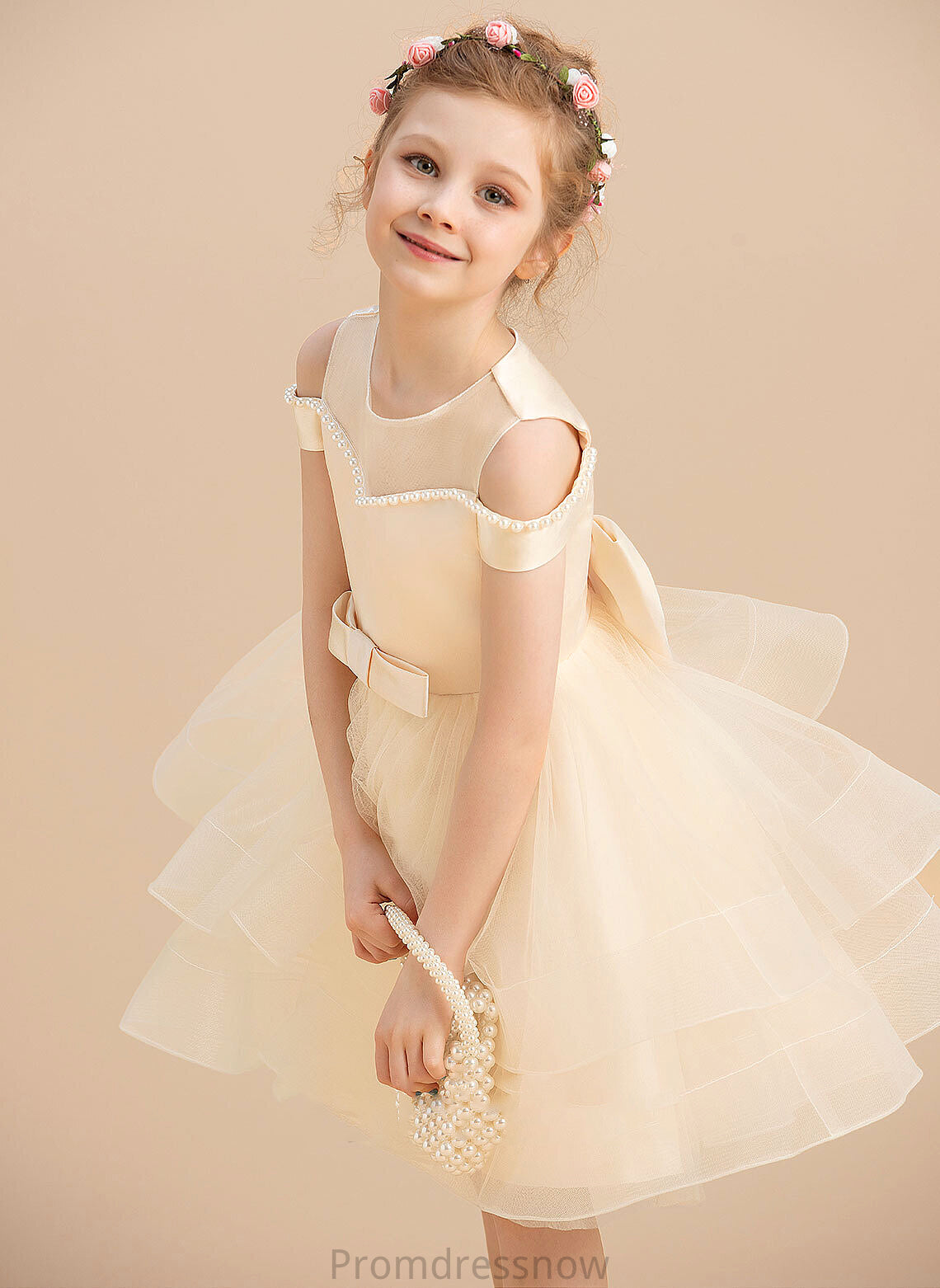 Ball-Gown/Princess Girl - Scoop Neck Dress Sleeveless Beading/Bow(s) Flower Girl Dresses Satin/Tulle Flower Knee-length Trinity With