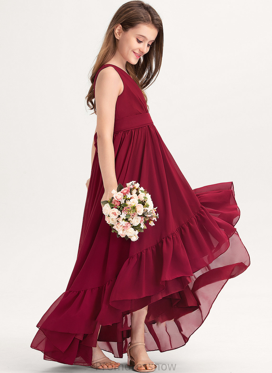 Ruffles Junior Bridesmaid Dresses V-neck Bow(s) Chiffon Cascading A-Line Julia With Asymmetrical