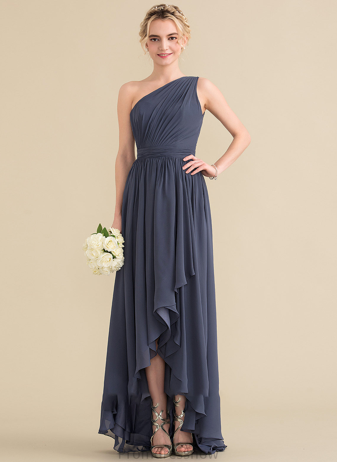 Silhouette Embellishment Neckline Asymmetrical Fabric A-Line One-Shoulder CascadingRuffles Length Yareli Spaghetti Staps Natural Waist Bridesmaid Dresses