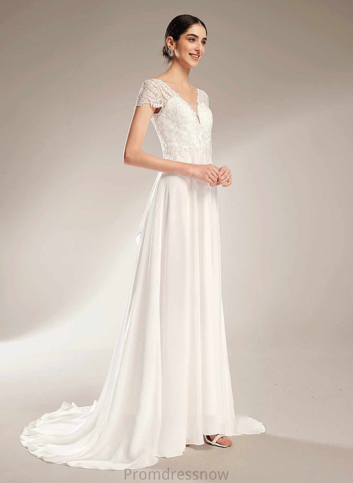 With Train Wedding Wedding Dresses A-Line Court V-neck Bow(s) Ashley Dress