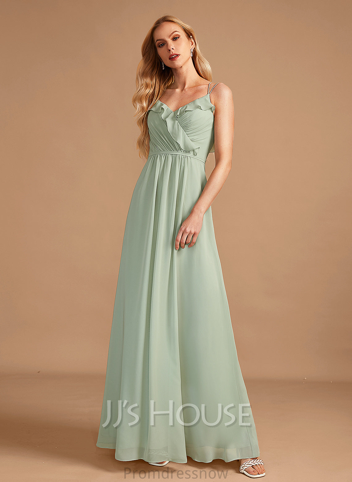 A-Line Fabric V-neck Silhouette Ruffle Length Floor-Length Embellishment Neckline Jazmin Floor Length Sheath/Column Bridesmaid Dresses