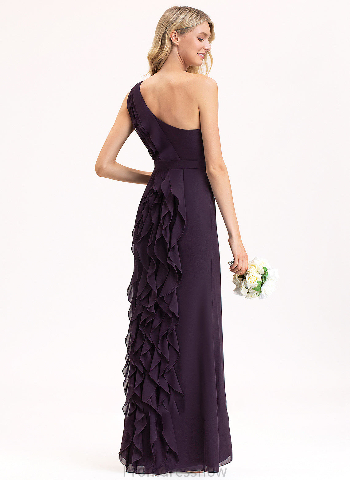 CascadingRuffles Length Silhouette Embellishment Neckline Floor-Length One-Shoulder Fabric SplitFront A-Line Ashly Sleeveless Bridesmaid Dresses