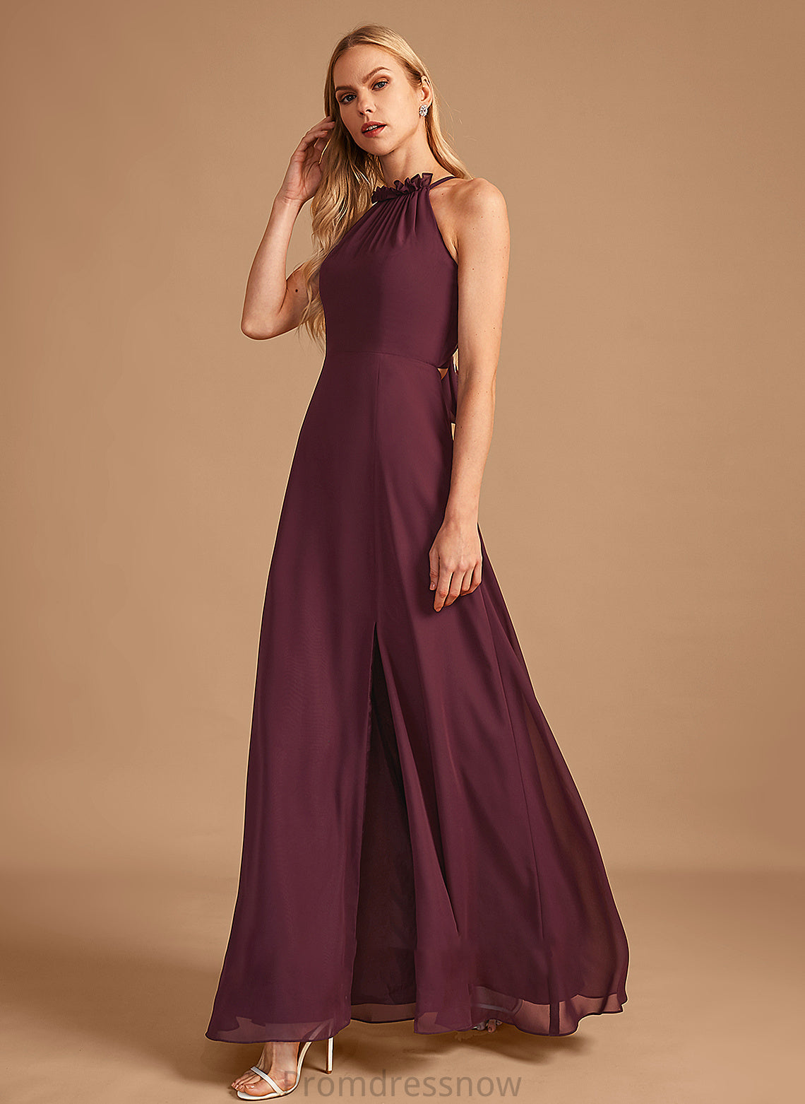 Neckline Silhouette Embellishment HighNeck Fabric Floor-Length Length A-Line SplitFront Marilyn Natural Waist Scoop Bridesmaid Dresses