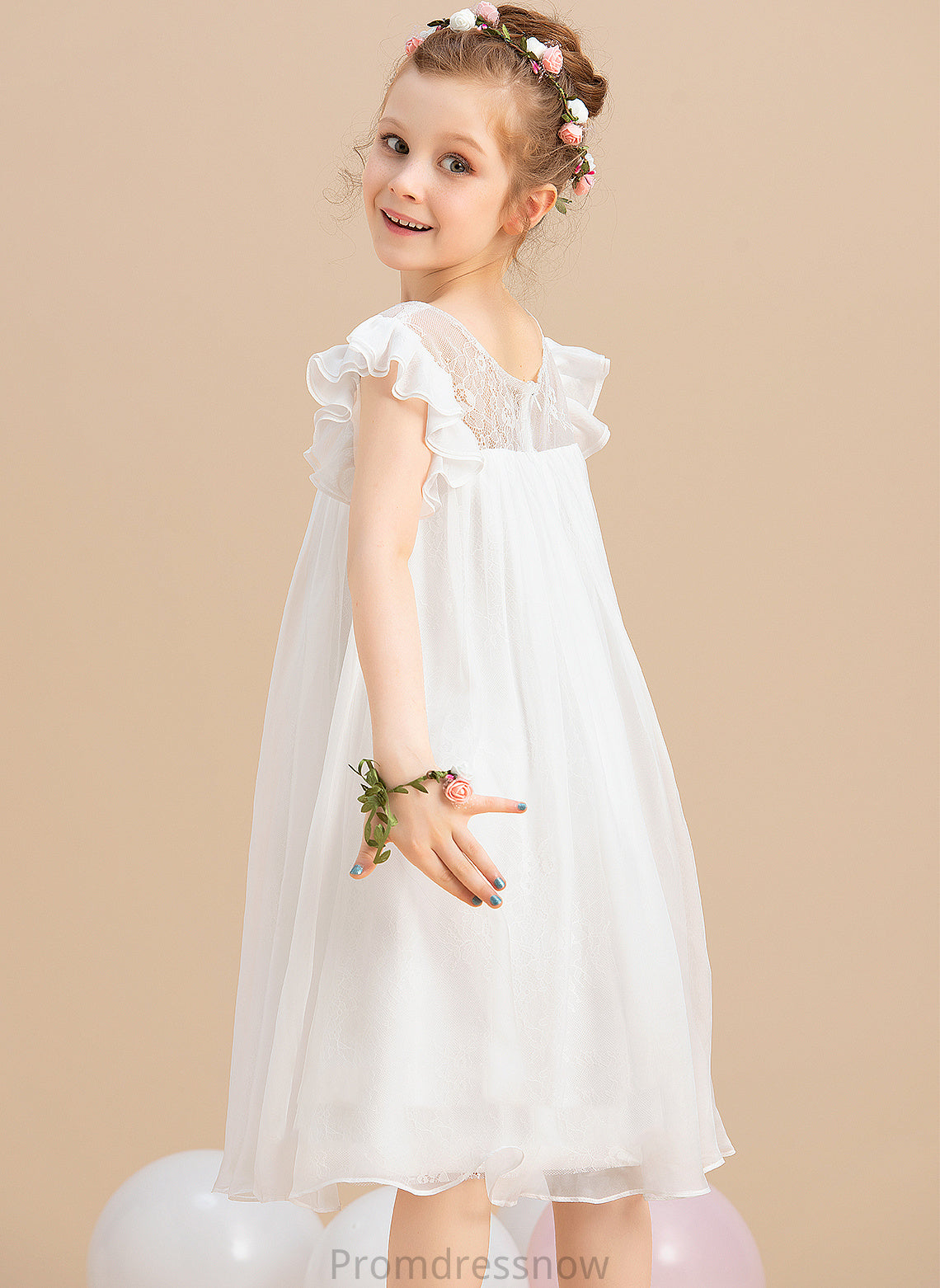 Chiffon Neck Sleeves Flower Girl Dresses With Salome Girl Lace Short Knee-length Dress - Scoop A-Line Flower