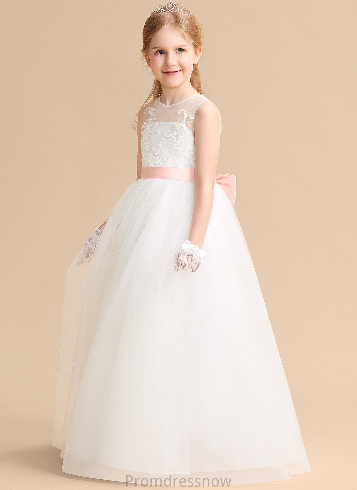 Satin/Tulle/Lace Scoop Neck - Girl Bow(s) Flower Girl Dresses Floor-length A-Line (Undetachable Dress Ayla Sleeveless With Flower sash)