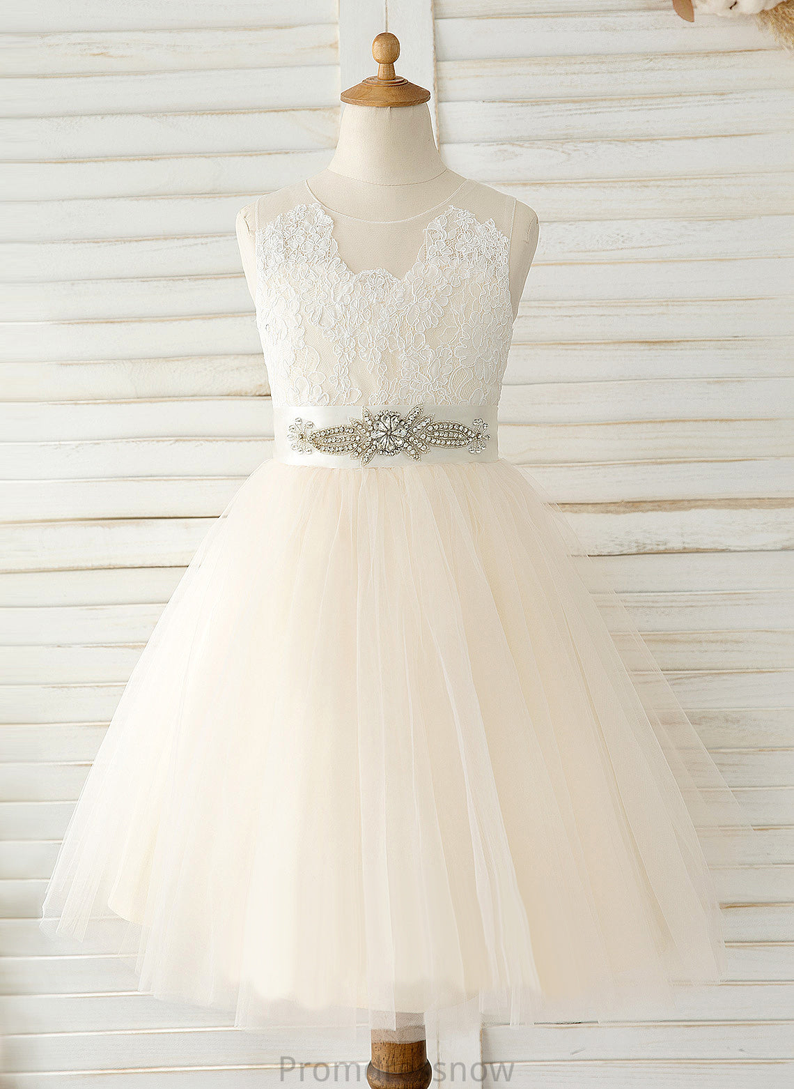 With Giada Bow(s) A-Line - Girl Scoop Flower Sleeveless Neck Tulle/Lace Flower Girl Dresses Dress Knee-length