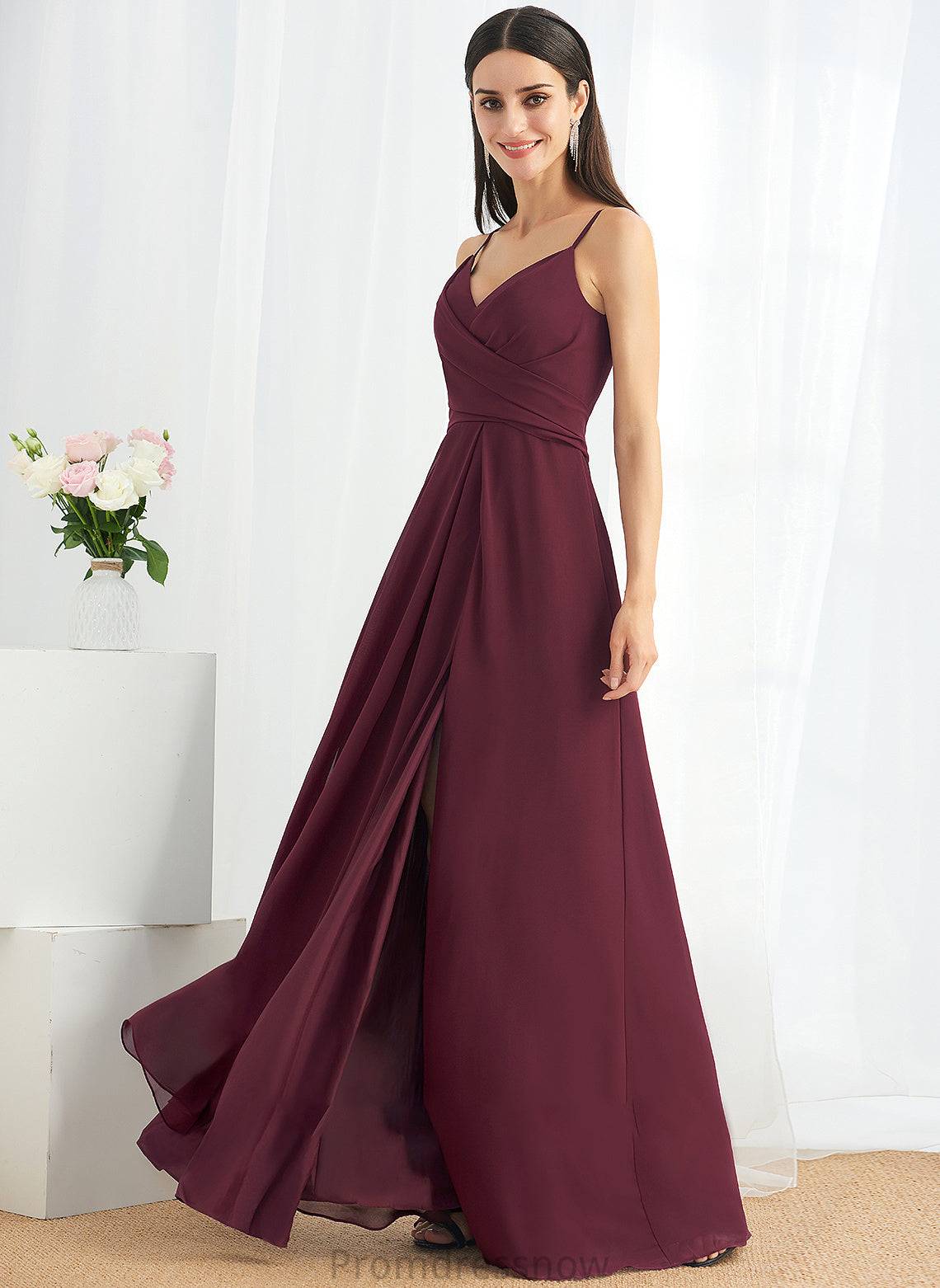 A-Line Embellishment SplitFront Fabric Floor-Length Silhouette V-neck Ruffle Length Neckline Talia V-Neck Bridesmaid Dresses