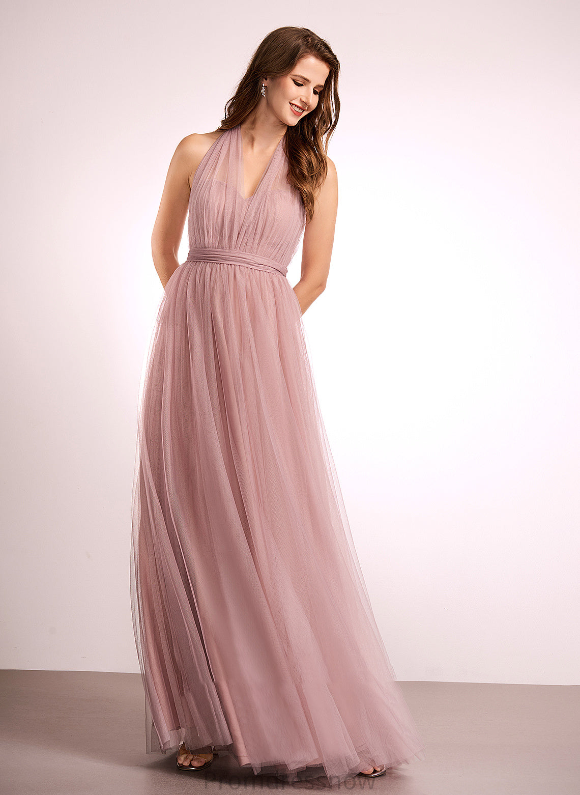 Silhouette Fabric V-neck Length Straps Floor-Length Neckline Off-the-Shoulder Tulle One-Shoulder A-Line Aniya Bridesmaid Dresses