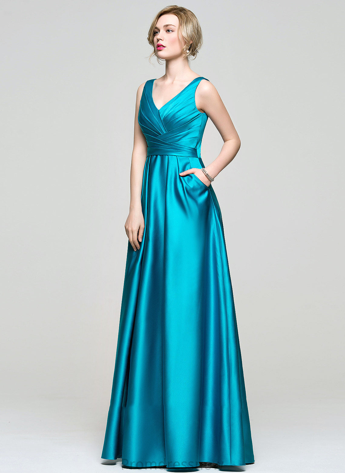 With V-neck Ball-Gown/Princess Prom Dresses Satin Silvia Pockets Floor-Length Ruffle