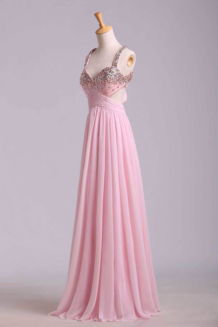 2024 Halter Beaded Bust Twist Straps Back Chiffon Floor Length Prom Dress