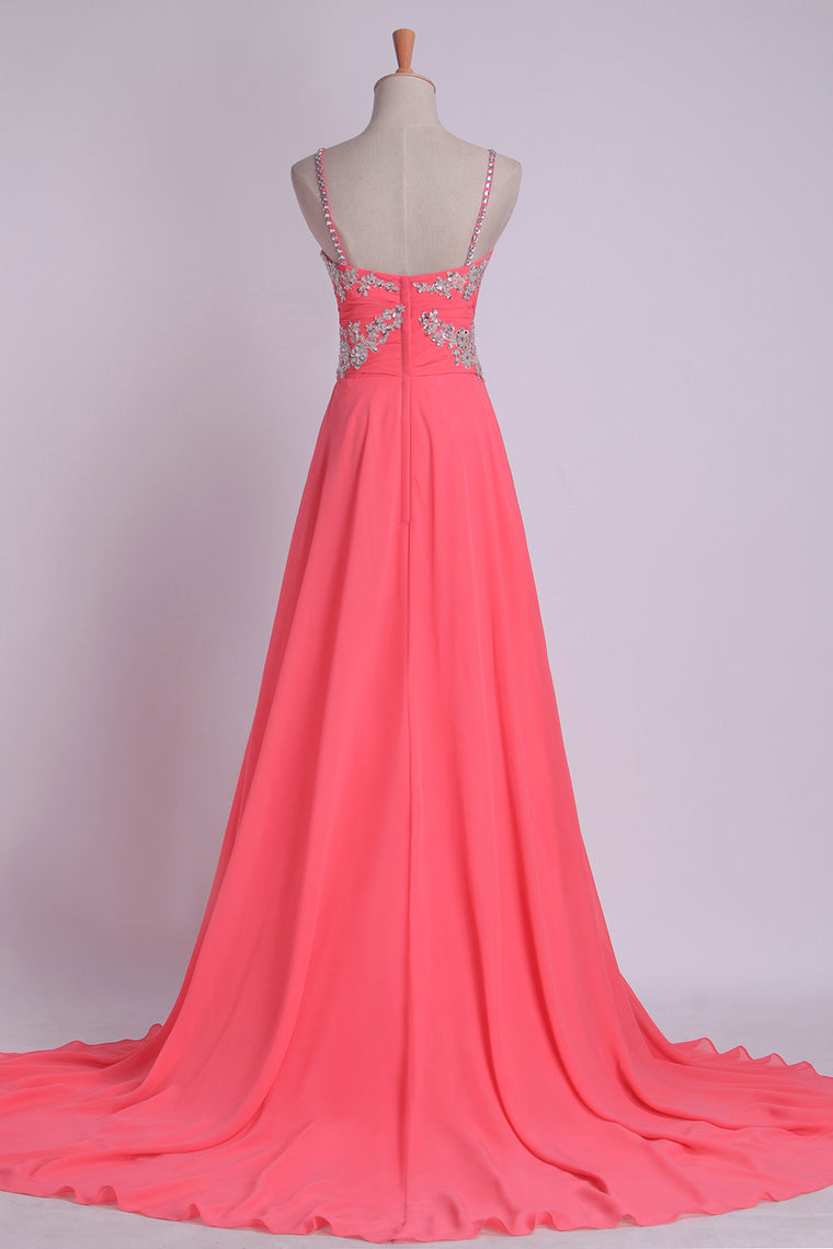 2024 Pleated Bodice Low Back Chiffon Sleeveless A Line Spaghetti Straps Prom Dress