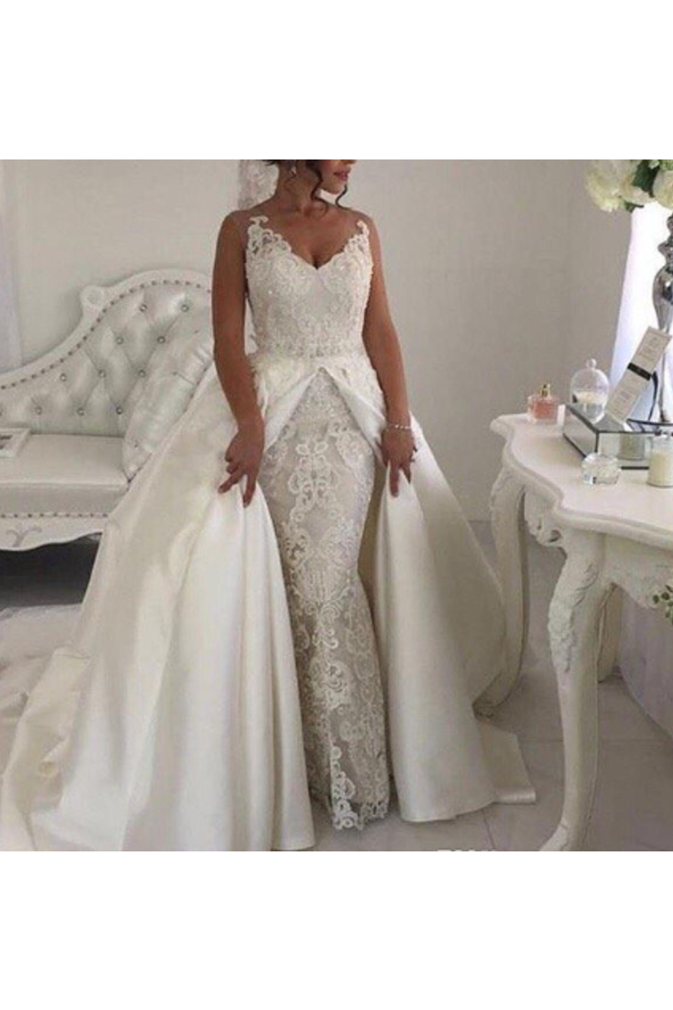 2024 New Arrival Straps Wedding Dresse Sheath With Applique Detachable Satin Train