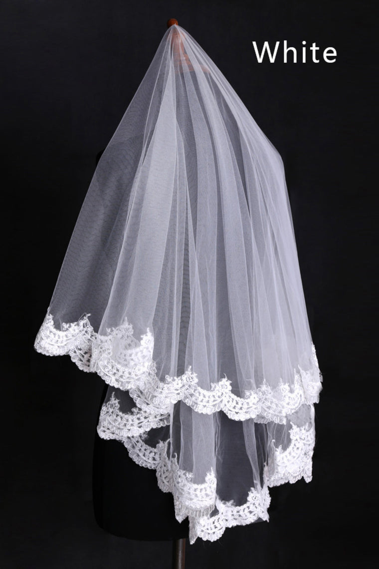 Two-Tier Finger-Tip Length Bridal Veils With Applique