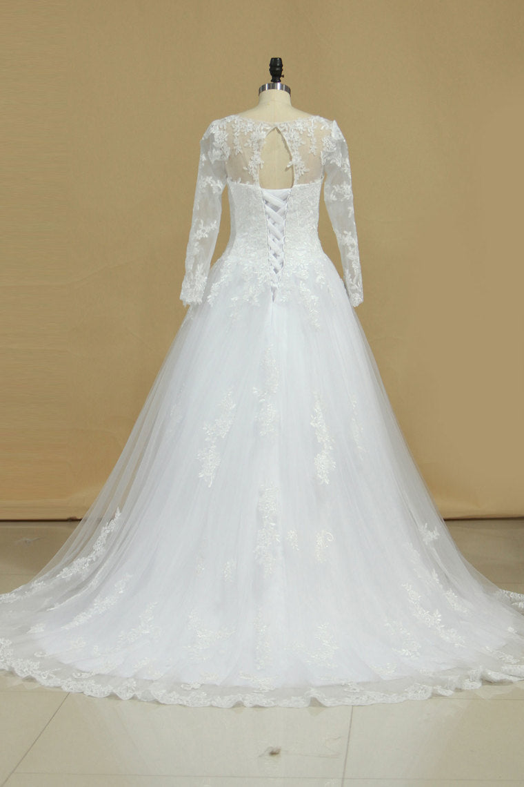 2024 Tulle Scoop Long Sleeves A Line With Applique Wedding Dresses