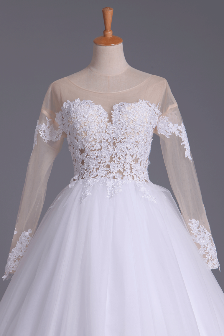 2024 Long Sleeves Bateau Open Back Wedding Dresses Tulle With Applique