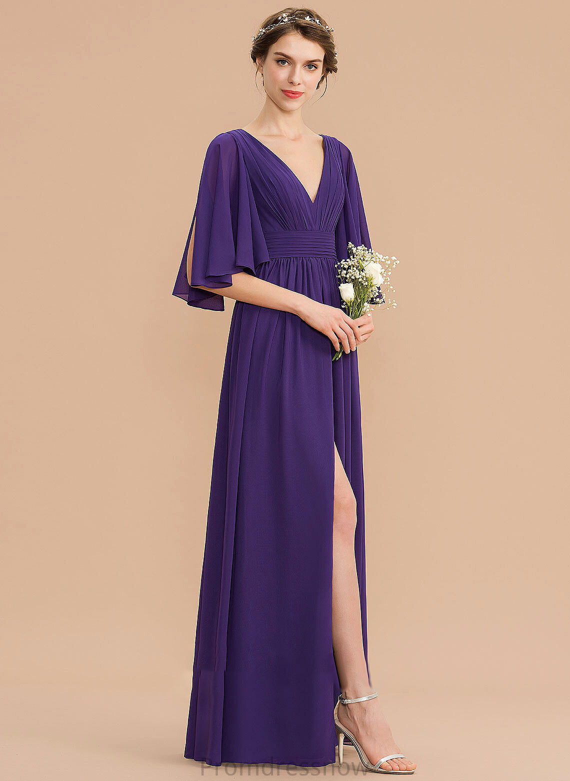 Embellishment A-Line Ruffle Silhouette Length V-neck Floor-Length Neckline Bow(s) SplitFront Fabric Taniya Bridesmaid Dresses