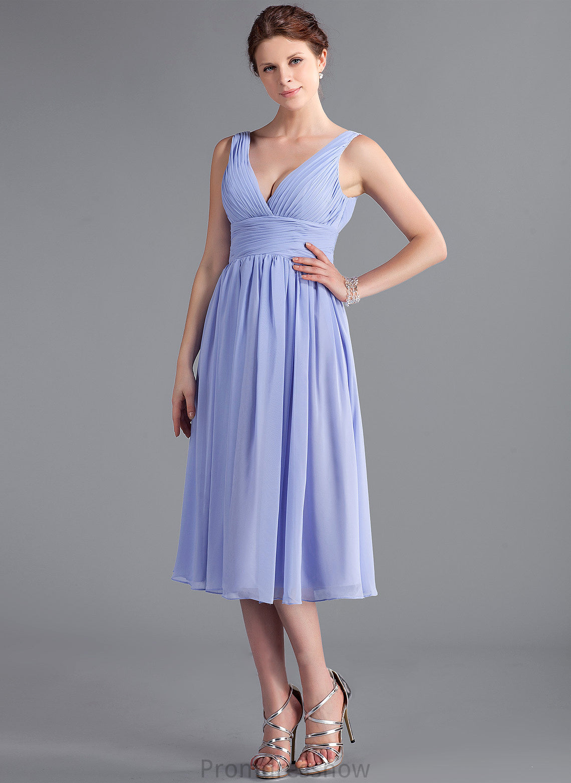 V-neck Neckline Ruffle Silhouette Tea-Length Fabric Embellishment A-Line Length Miriam Floor Length Natural Waist Bridesmaid Dresses