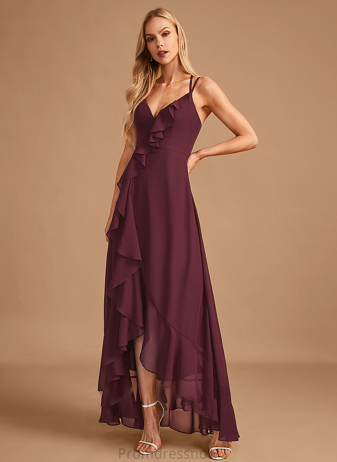 V-neck Embellishment Neckline Length Silhouette SplitFront A-Line Asymmetrical Ruffle Fabric Lyric Scoop Bridesmaid Dresses