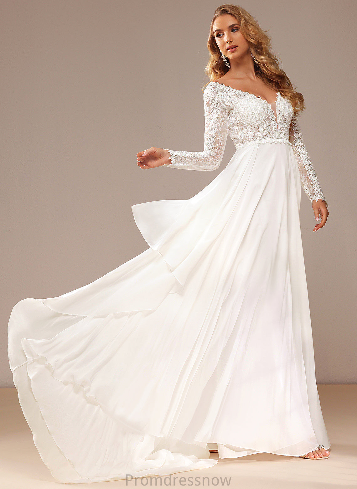 With Train A-Line Chiffon Ruffle Court Wedding Dress Lace V-neck Lace Anna Wedding Dresses