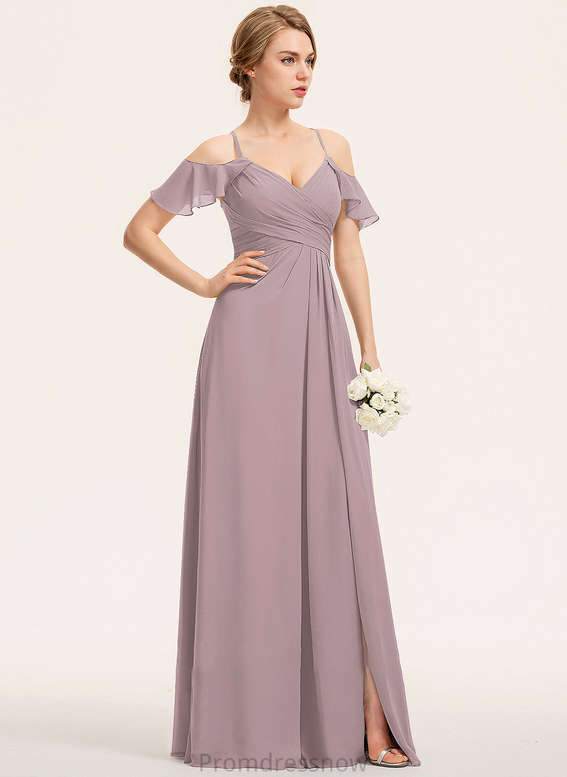 A-Line V-neck Embellishment Ruffle CascadingRuffles Fabric Floor-Length Silhouette SplitFront Length Neckline Adyson Bridesmaid Dresses