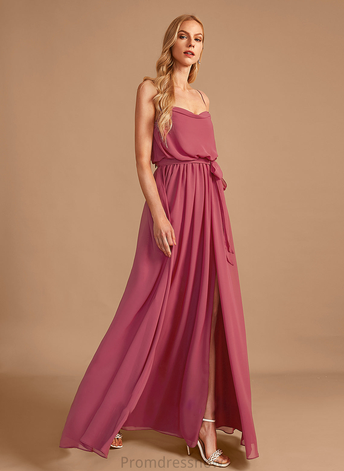 Silhouette Neckline Embellishment Length CowlNeck Floor-Length SplitFront A-Line Fabric Ruffle Gracie Straps Bridesmaid Dresses