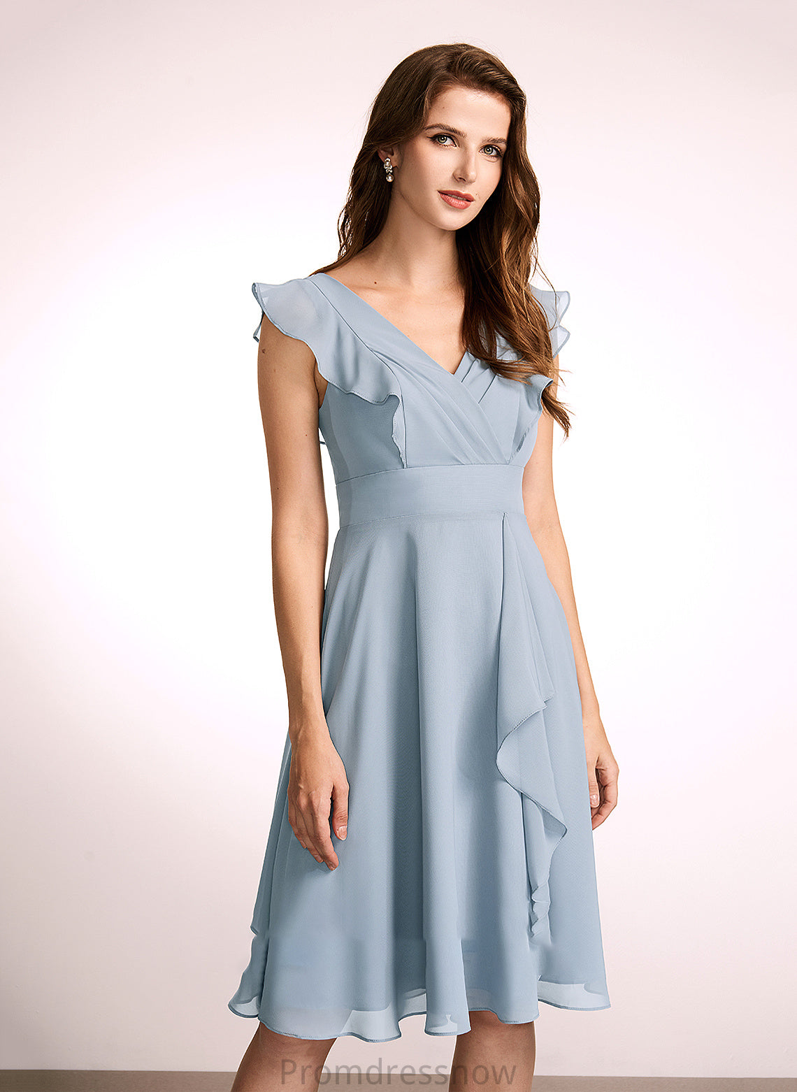 Length Neckline A-Line Knee-Length V-neck Embellishment Ruffle Silhouette Fabric Dominique V-Neck 3/4 Length Sleeve Bridesmaid Dresses