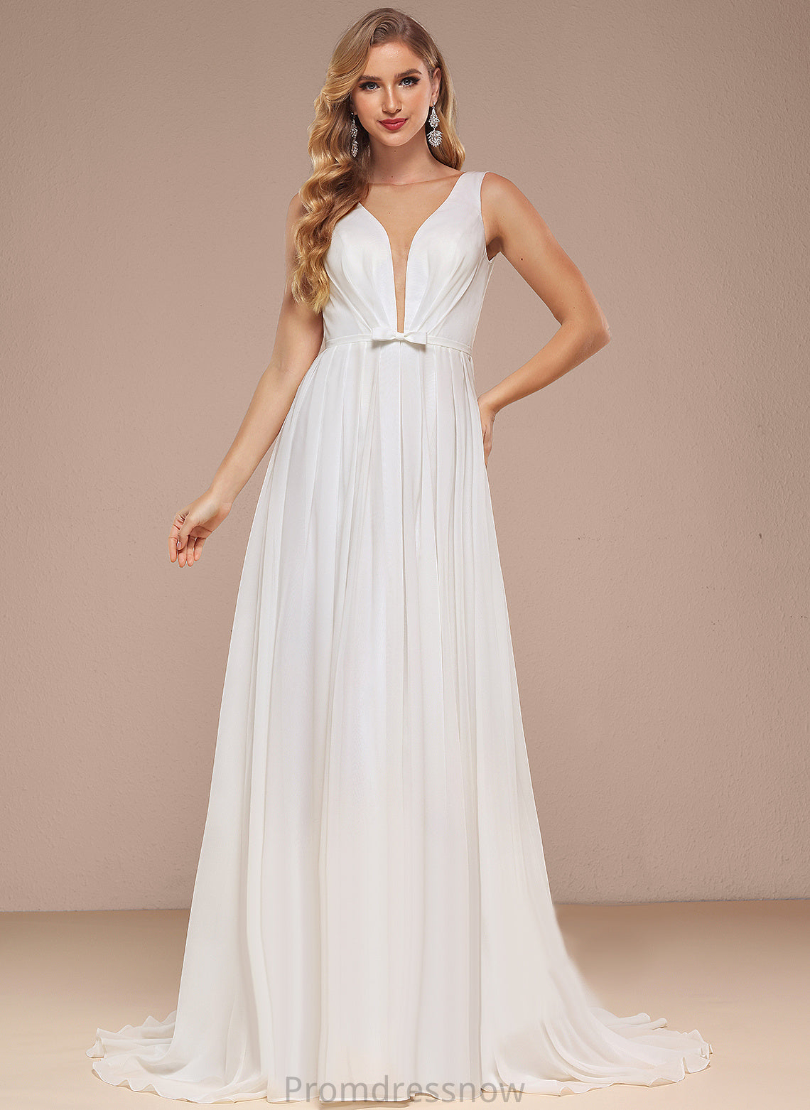 With Bow(s) Dress Sweep A-Line Wedding Dresses Chiffon Lena Wedding Train V-neck