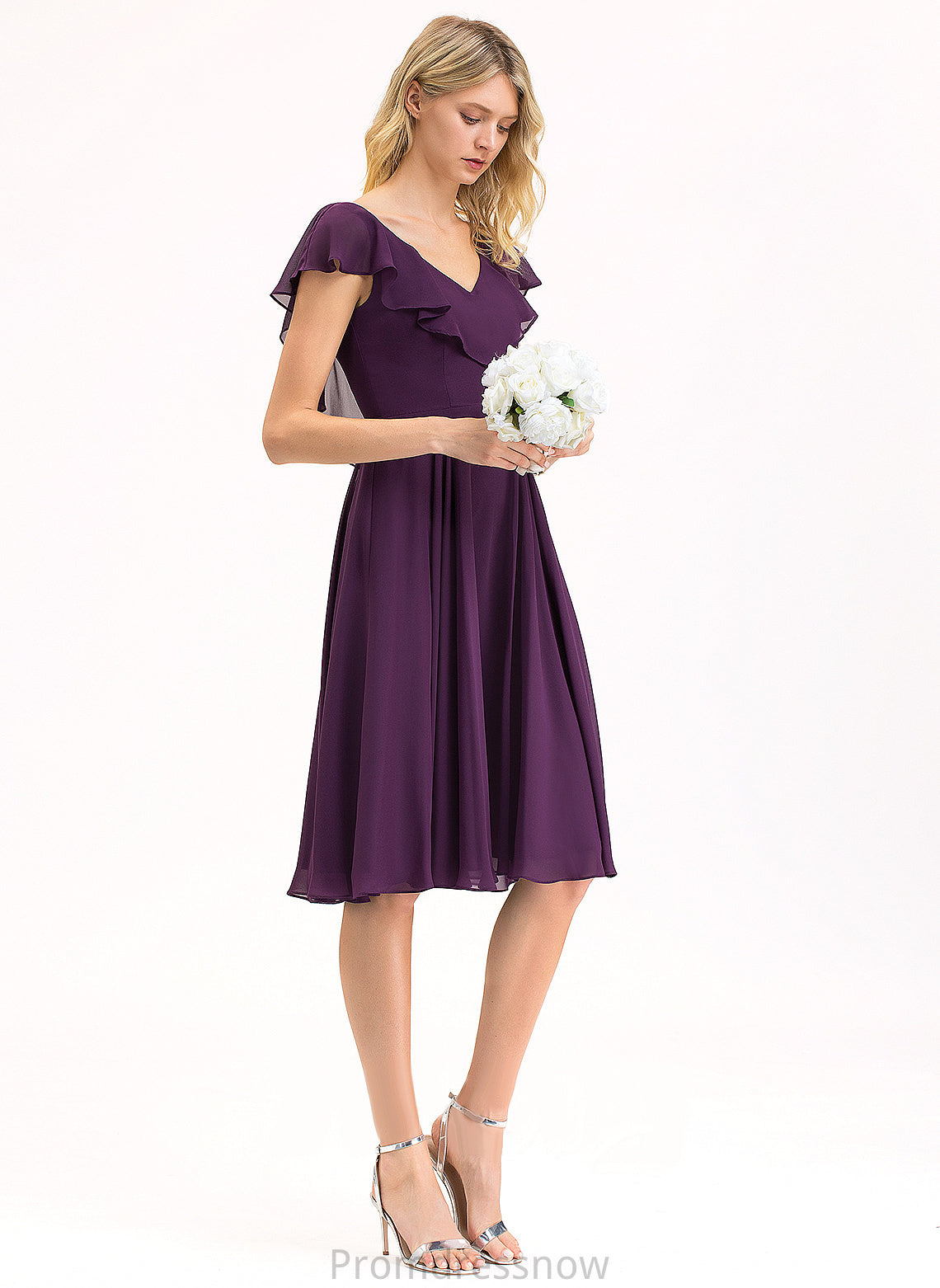 With Cascading Ruffles A-Line Chiffon Knee-Length Dress V-neck Cocktail Dresses Cocktail Amara