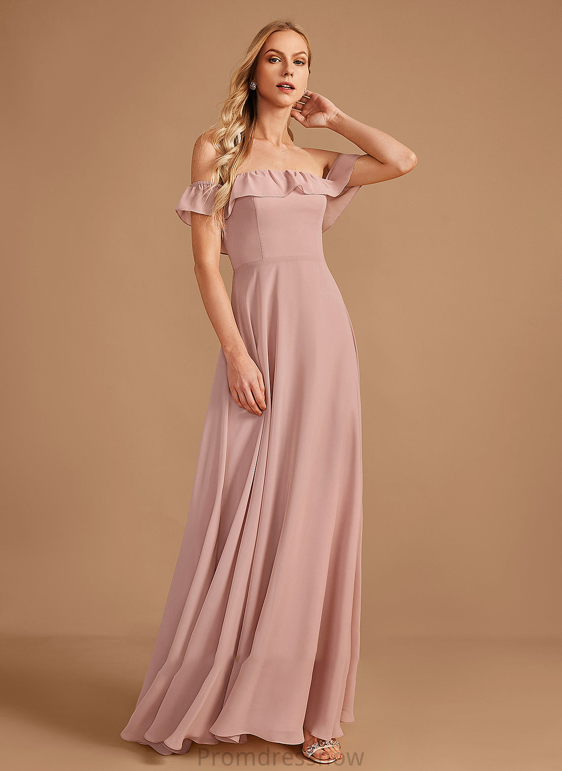 Floor-Length Neckline Ruffle Fabric Off-the-Shoulder Length A-Line Silhouette Embellishment Mira A-Line/Princess Natural Waist Bridesmaid Dresses