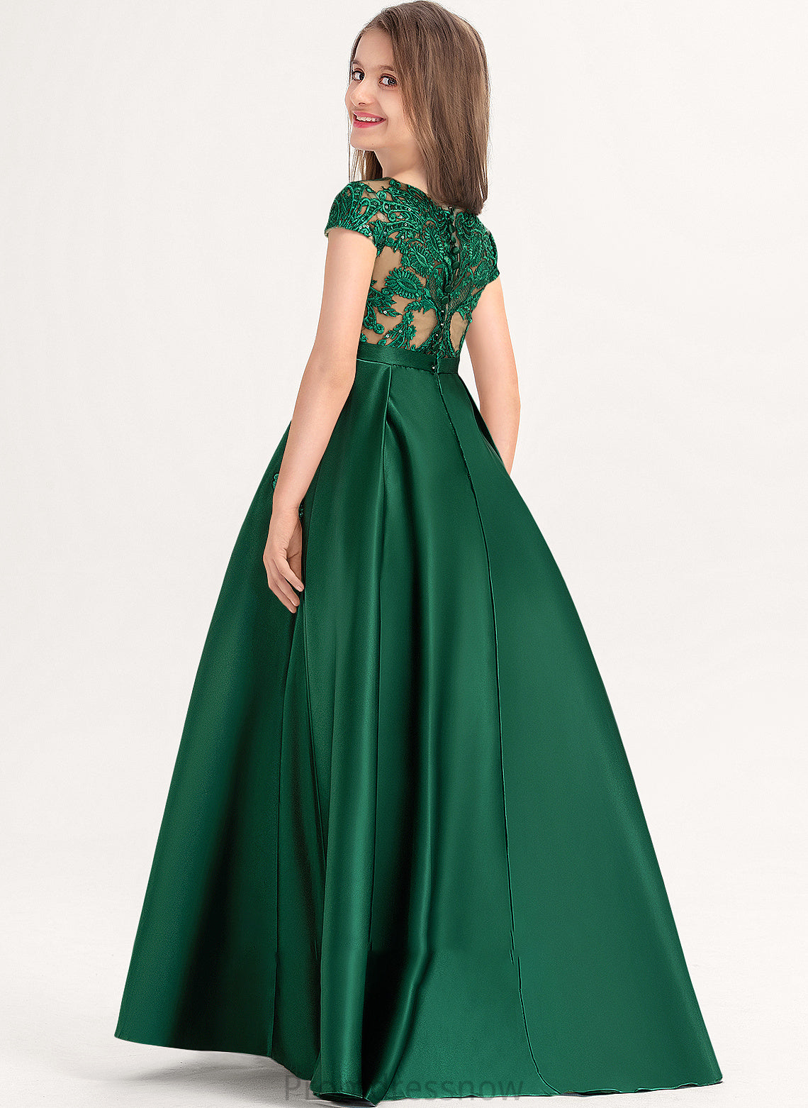 Floor-Length Lace Satin Ball-Gown/Princess Scoop Neck Bow(s) With Junior Bridesmaid Dresses Jean Pockets