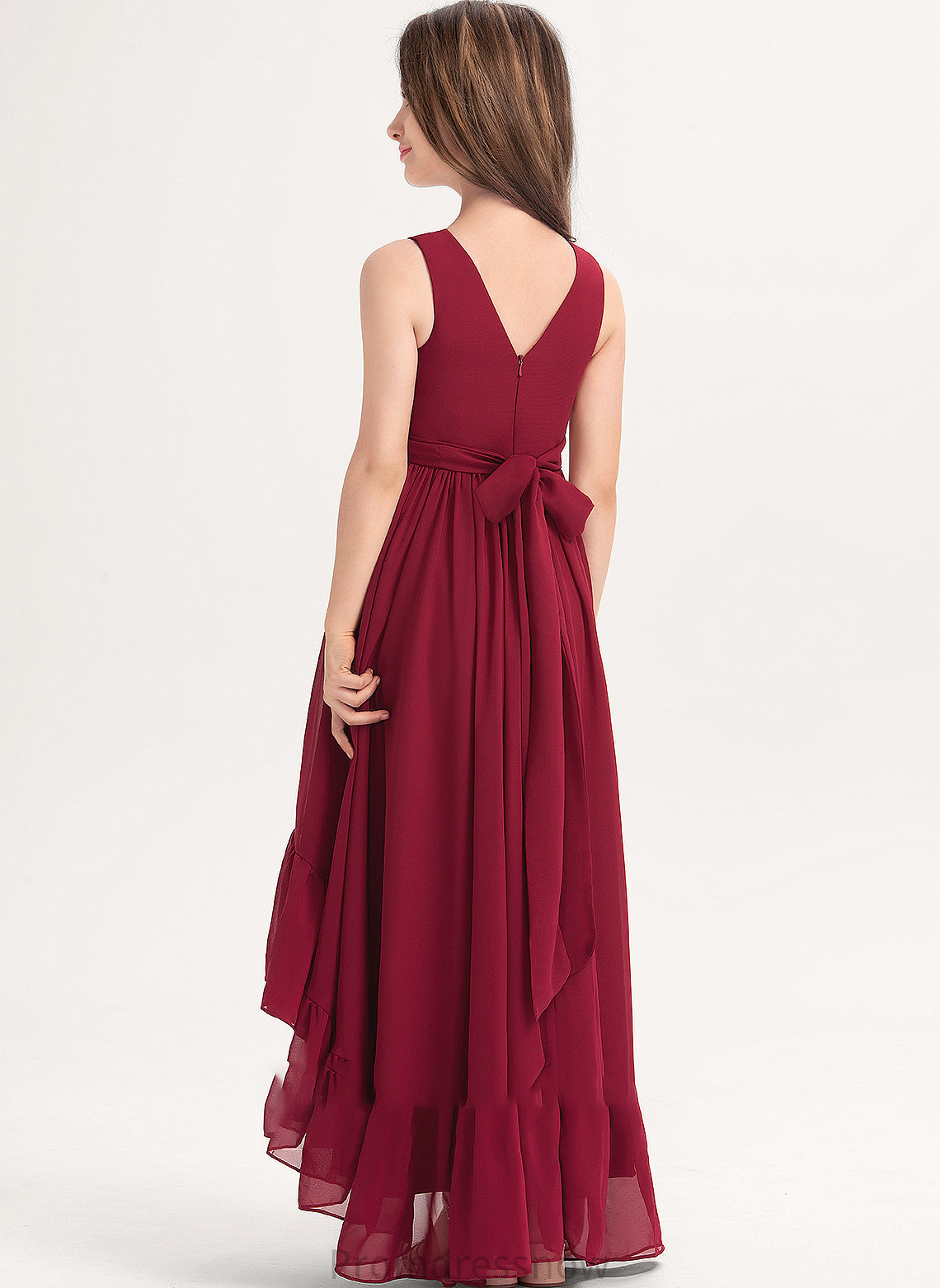 Ruffles Junior Bridesmaid Dresses V-neck Bow(s) Chiffon Cascading A-Line Julia With Asymmetrical