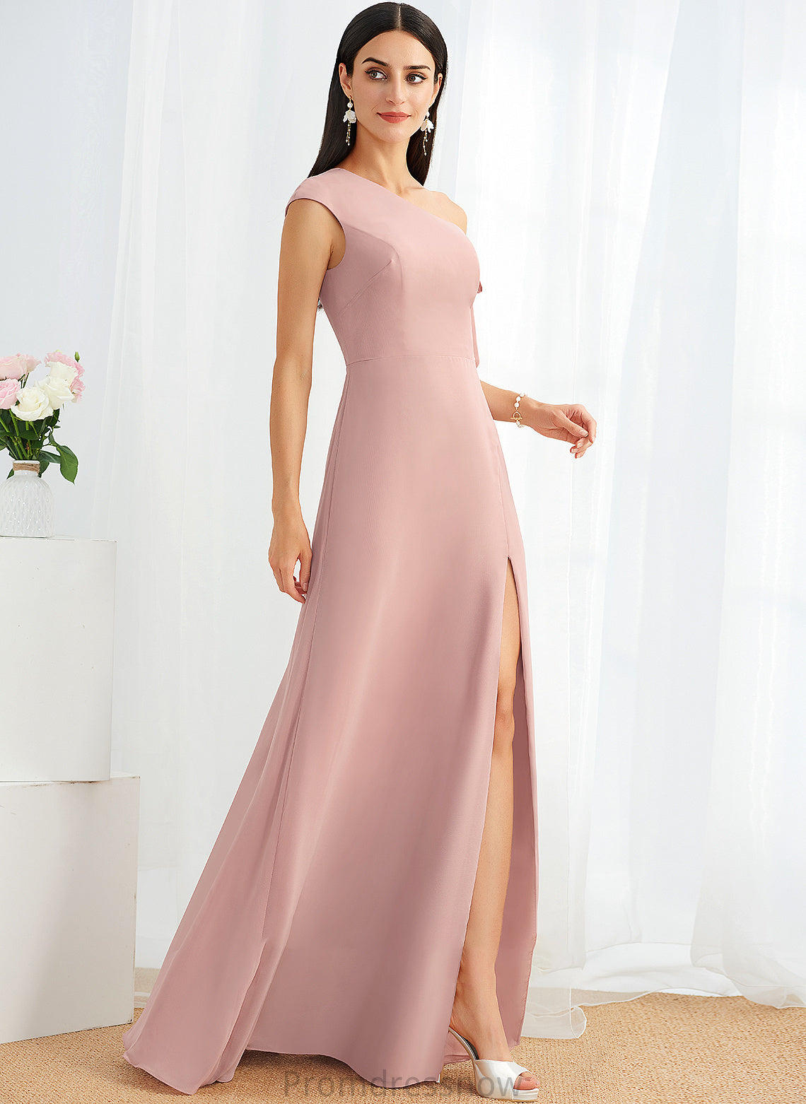 One-Shoulder Silhouette Embellishment Bow(s) Floor-Length Length Fabric Neckline A-Line Jasmine Natural Waist Sleeveless Bridesmaid Dresses