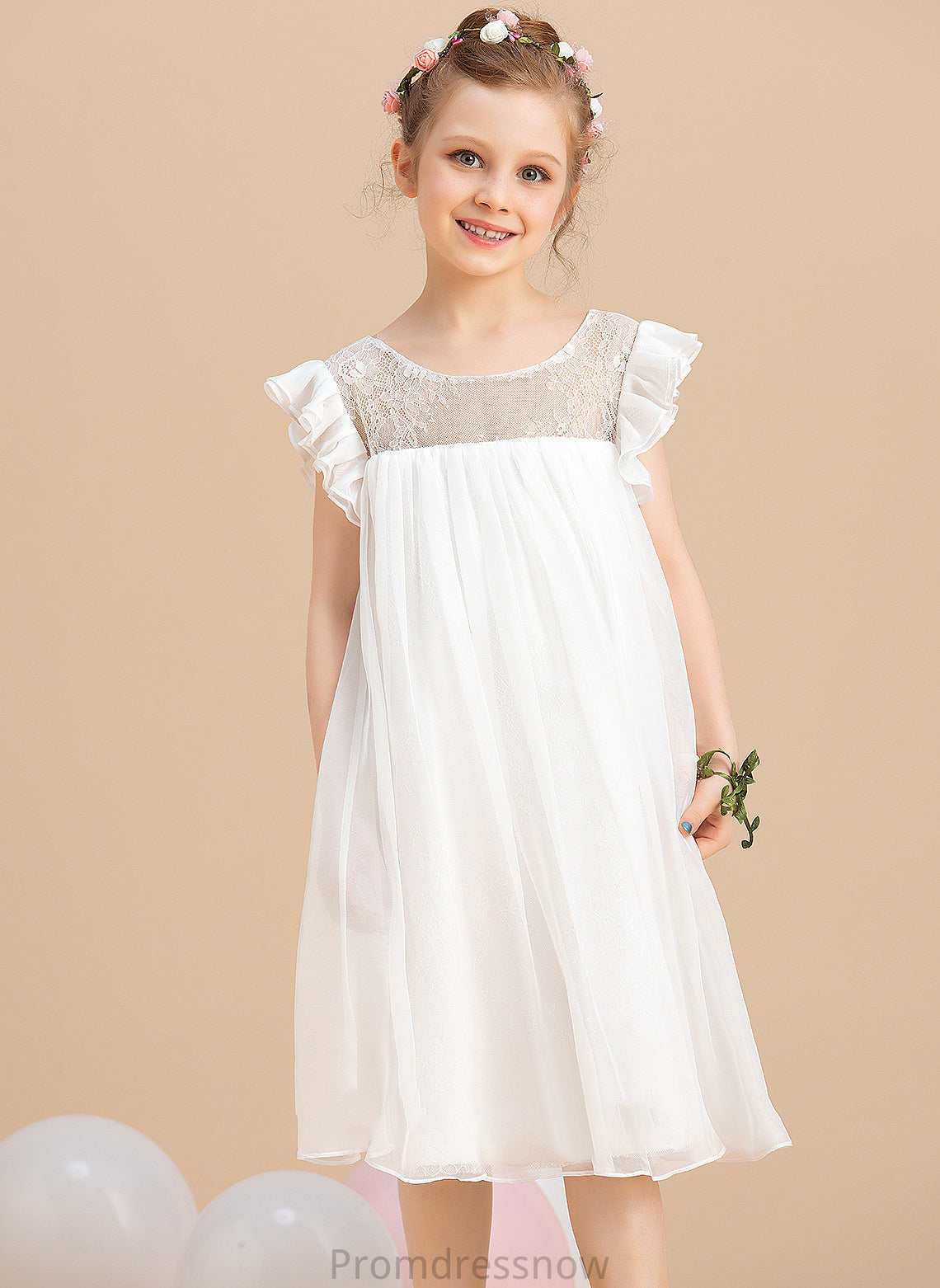 Chiffon Neck Sleeves Flower Girl Dresses With Salome Girl Lace Short Knee-length Dress - Scoop A-Line Flower