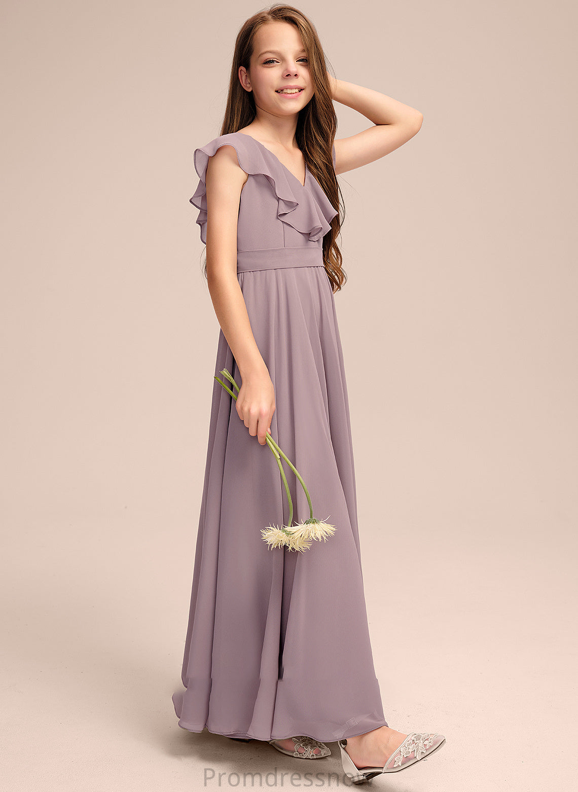 With Chiffon Floor-Length A-Line Ruffles Cascading Junior Bridesmaid Dresses Thalia V-neck