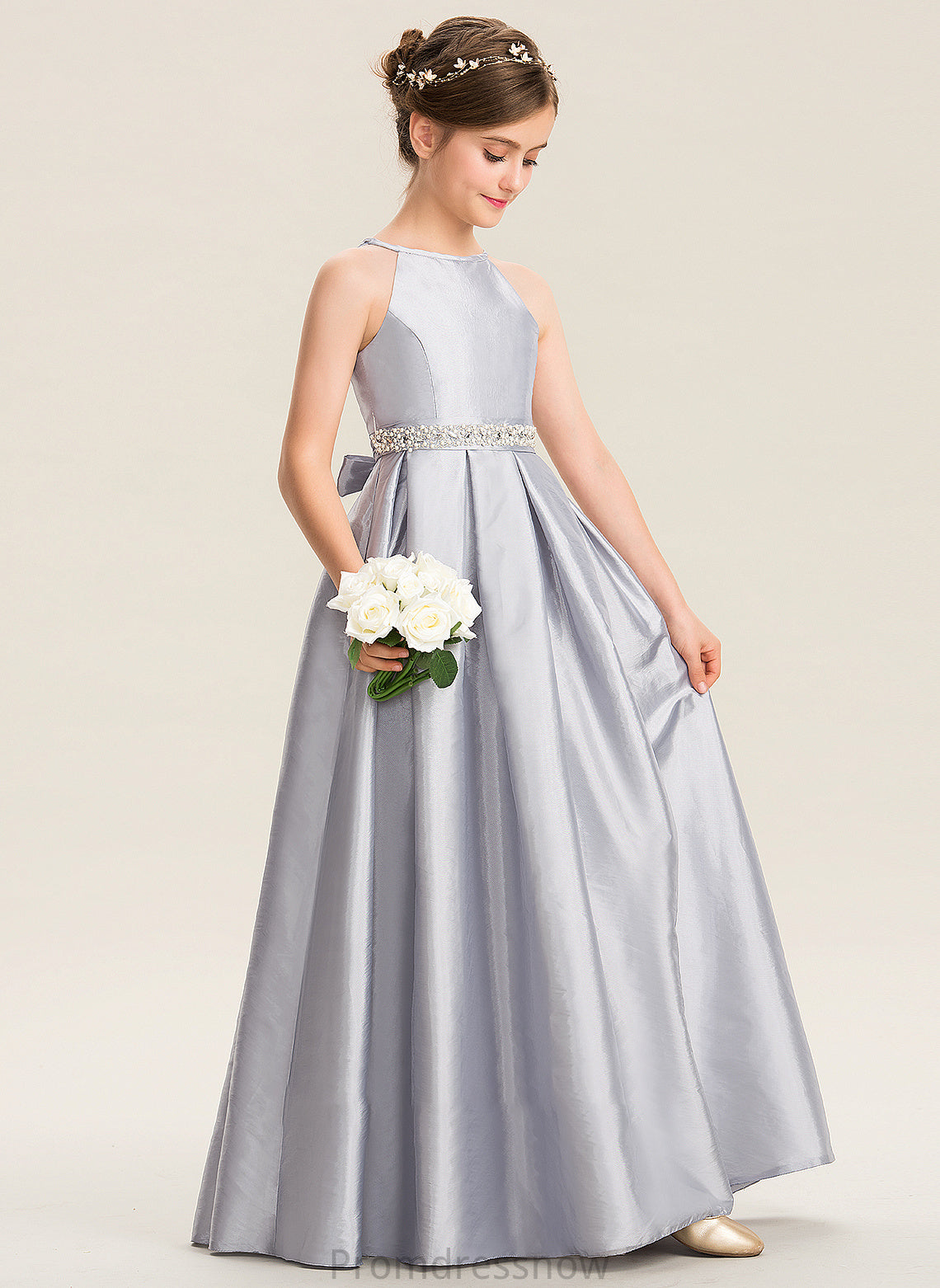 With Beading Junior Bridesmaid Dresses Neck A-Line Taffeta Scoop Floor-Length Aliya Bow(s)