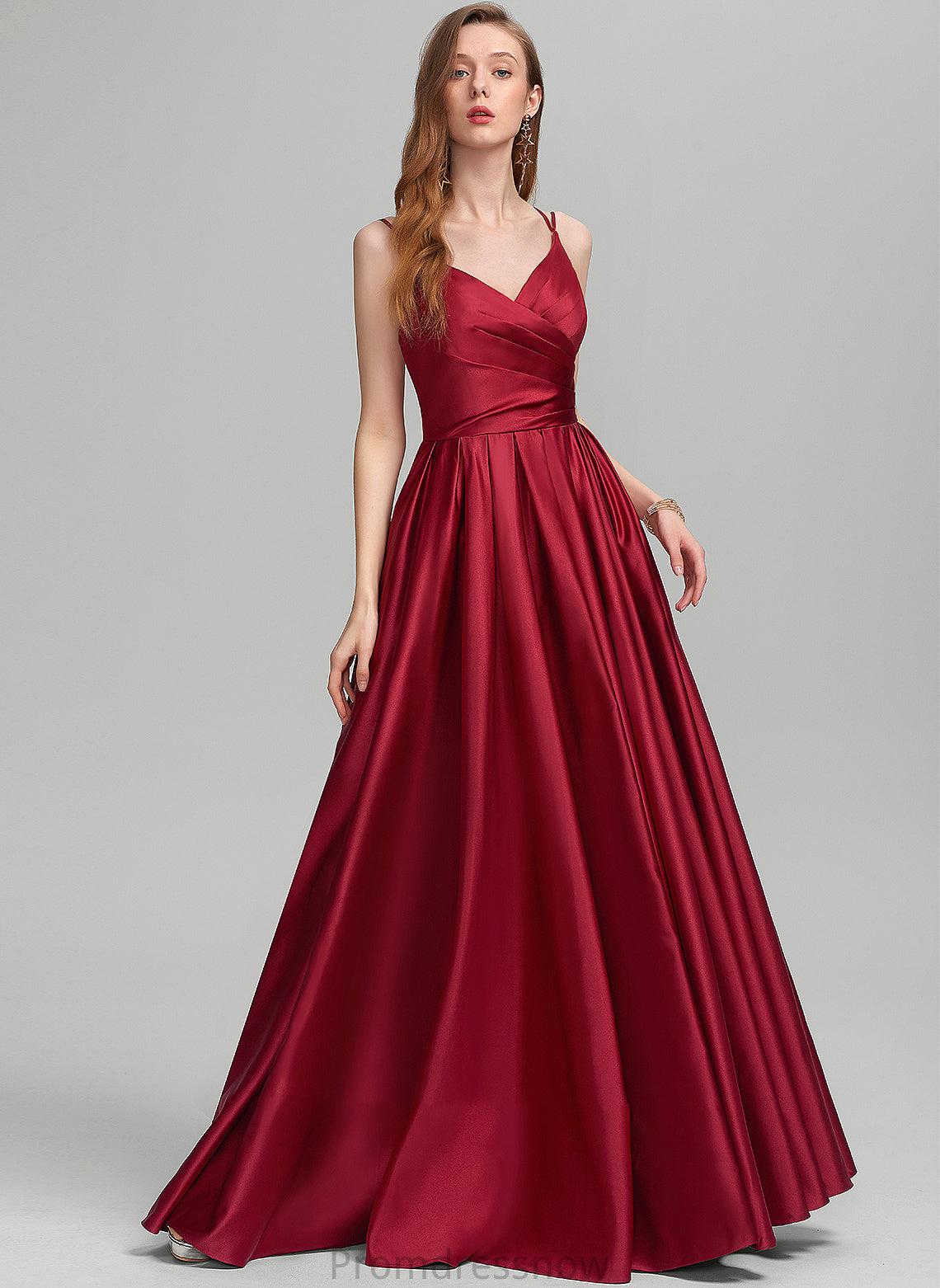 With V-neck Blanche Satin Prom Dresses A-Line Pockets Floor-Length Ruffle