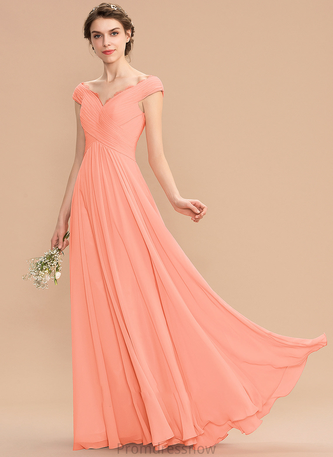 Silhouette Ruffle Length A-Line Off-the-Shoulder Fabric Lace Neckline Embellishment Floor-Length Shania Natural Waist Bridesmaid Dresses