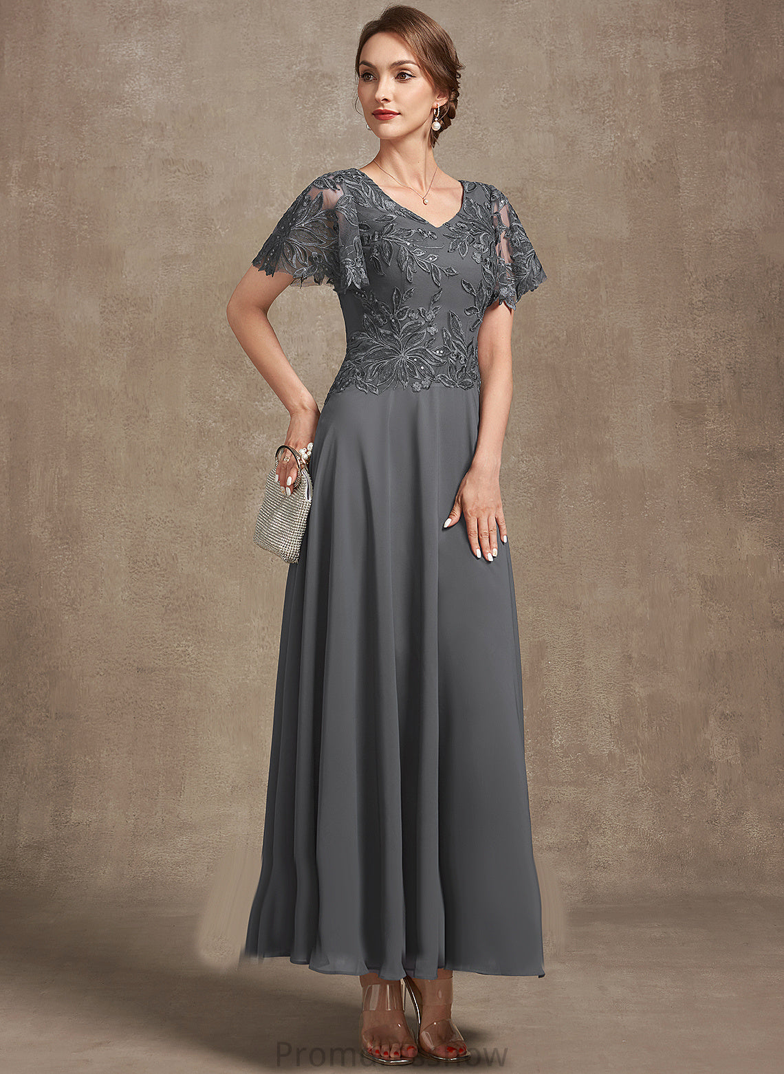 With A-Line the Mother of the Bride Dresses of Chelsea Chiffon Ankle-Length Mother V-neck Lace Bride Dress Sequins