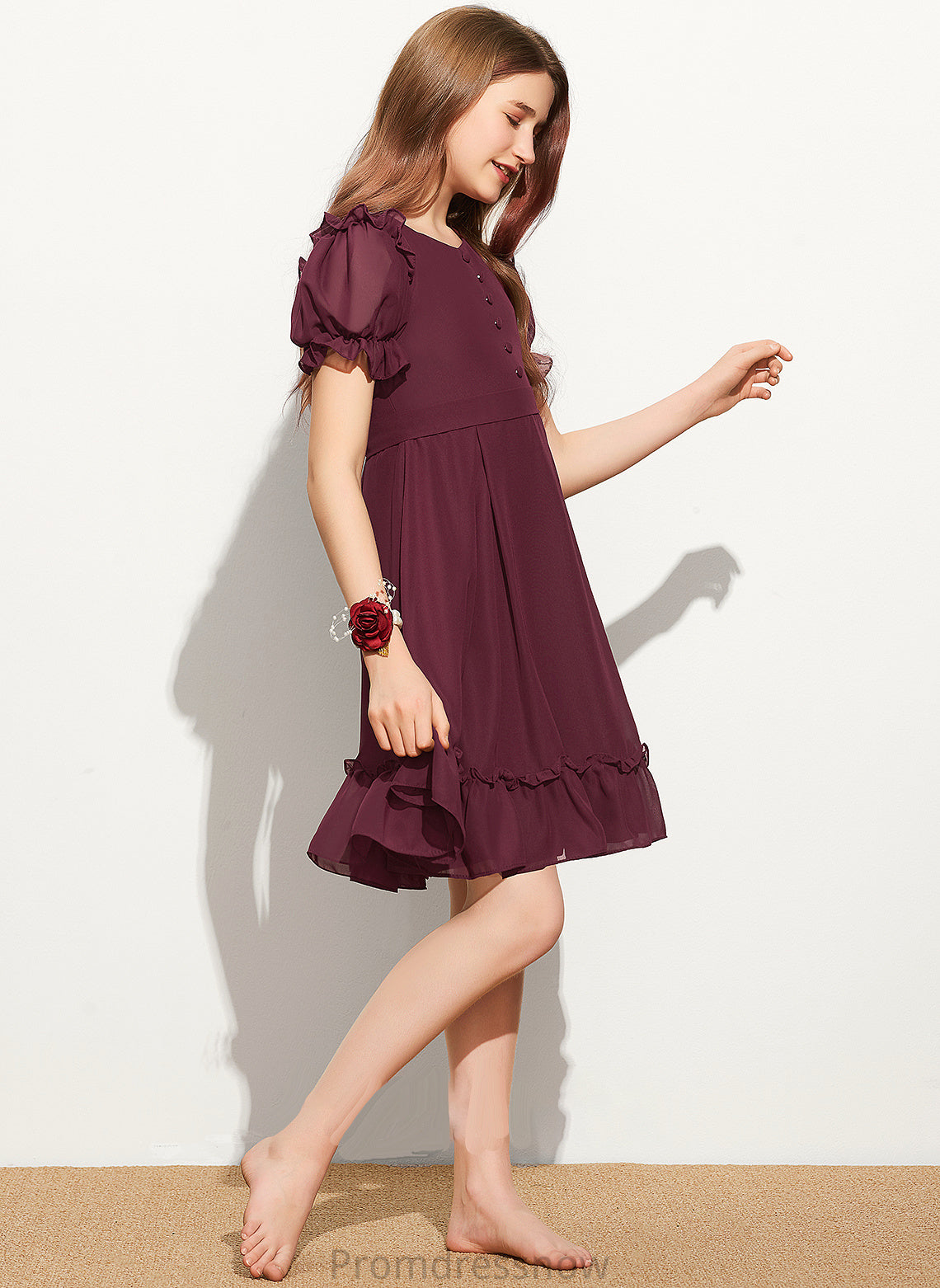 With Neck Paige A-Line Ruffles Knee-Length Junior Bridesmaid Dresses Chiffon Cascading Bow(s) Scoop