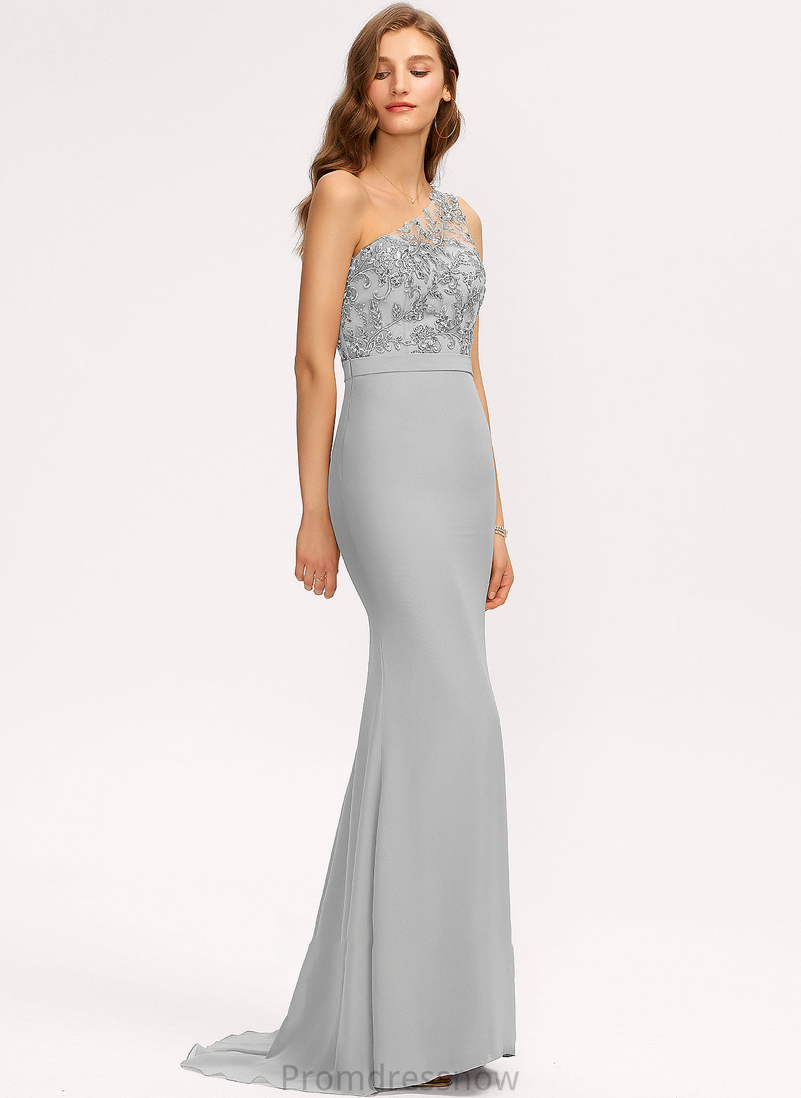 Fabric SweepTrain One-Shoulder Straps Neckline Length Silhouette Trumpet/Mermaid Lace Quinn Sleeveless V-Neck Bridesmaid Dresses