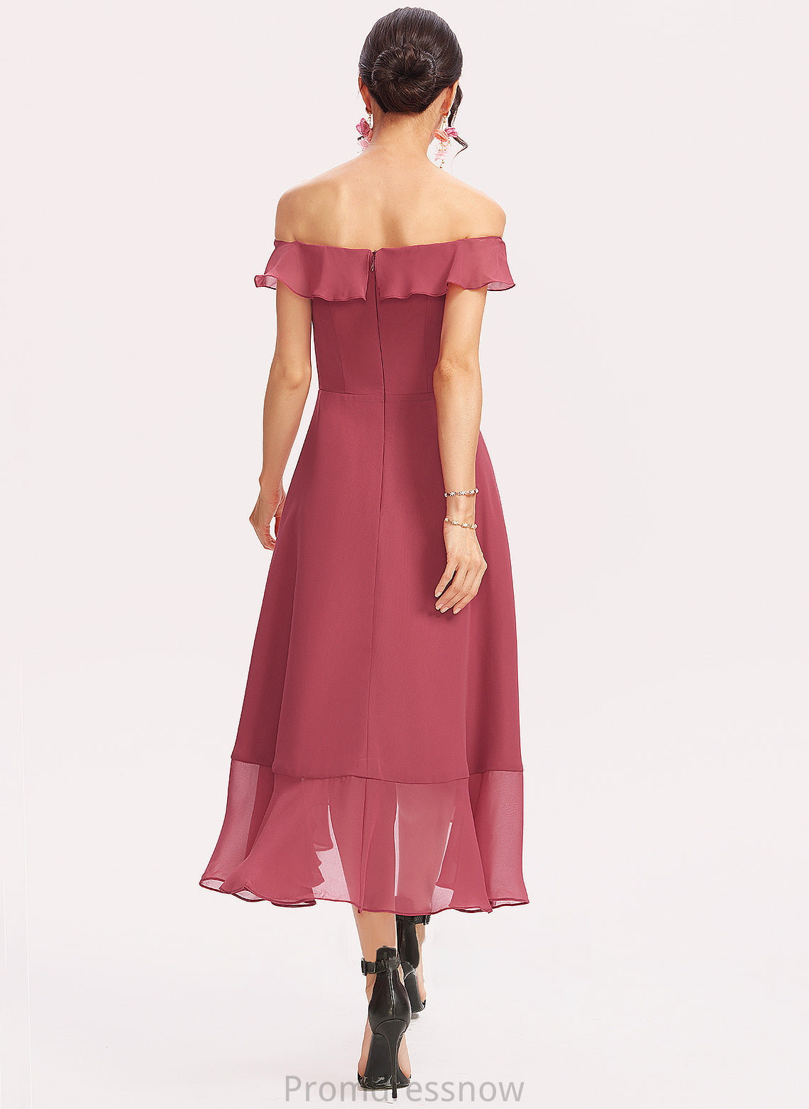 Off-the-Shoulder Fabric Tea-Length A-Line Length CascadingRuffles Neckline Embellishment Silhouette Yasmin A-Line/Princess Natural Waist Bridesmaid Dresses