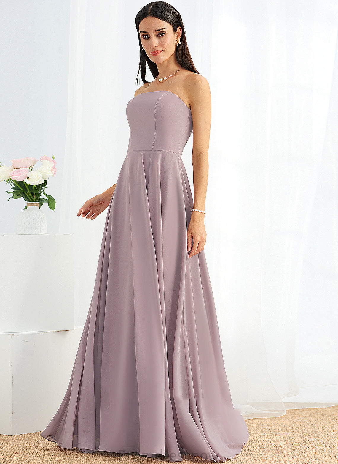 Embellishment SplitFront Silhouette Strapless Fabric Neckline A-Line Length Floor-Length Ginny A-Line/Princess V-Neck Bridesmaid Dresses