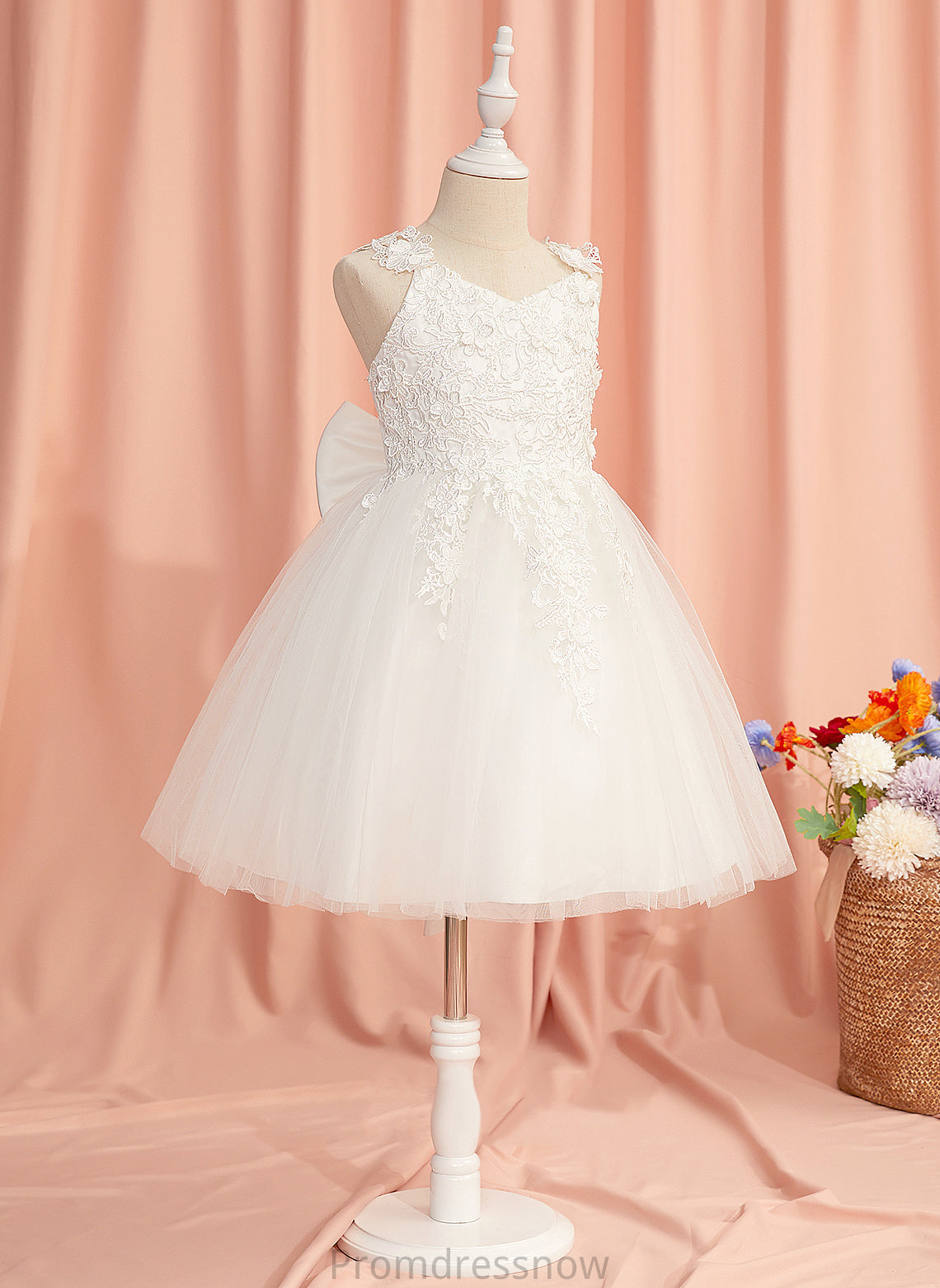 Girl Tulle With Knee-length Flower Dress Flower Girl Dresses Lace/Flower(s)/Bow(s) A-Line Sleeveless - Straps Sophronia