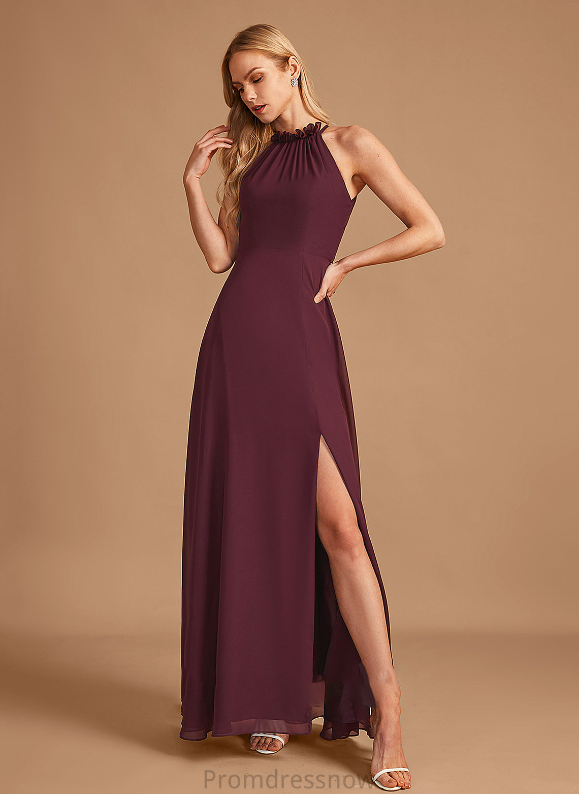 Neckline Silhouette Embellishment HighNeck Fabric Floor-Length Length A-Line SplitFront Marilyn Natural Waist Scoop Bridesmaid Dresses