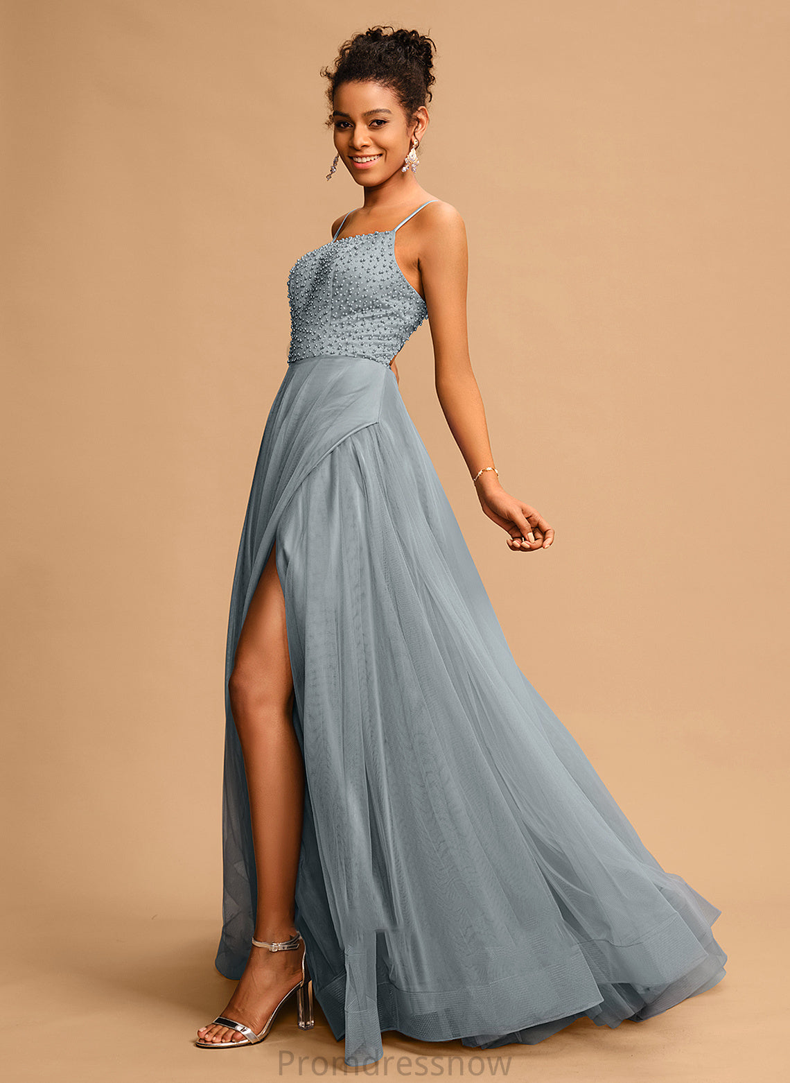 With Trinity Floor-Length Square Beading Ball-Gown/Princess Neckline Tulle Sequins Prom Dresses