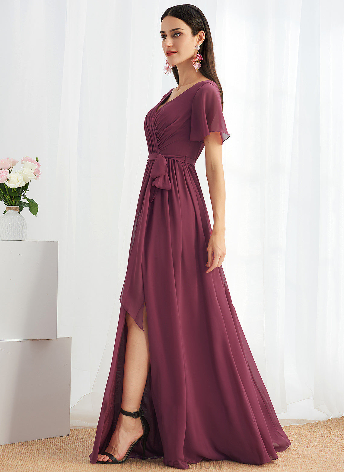 Length SplitFront Neckline V-neck Fabric Floor-Length Embellishment A-Line Silhouette Miriam Sleeveless A-Line/Princess Bridesmaid Dresses