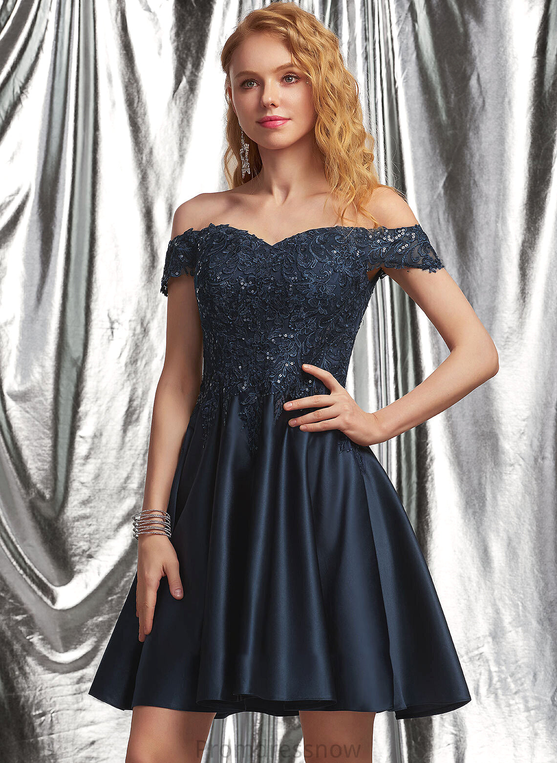 With A-Line Satin Short/Mini Off-the-Shoulder Prom Dresses Sequins Lace Hedda