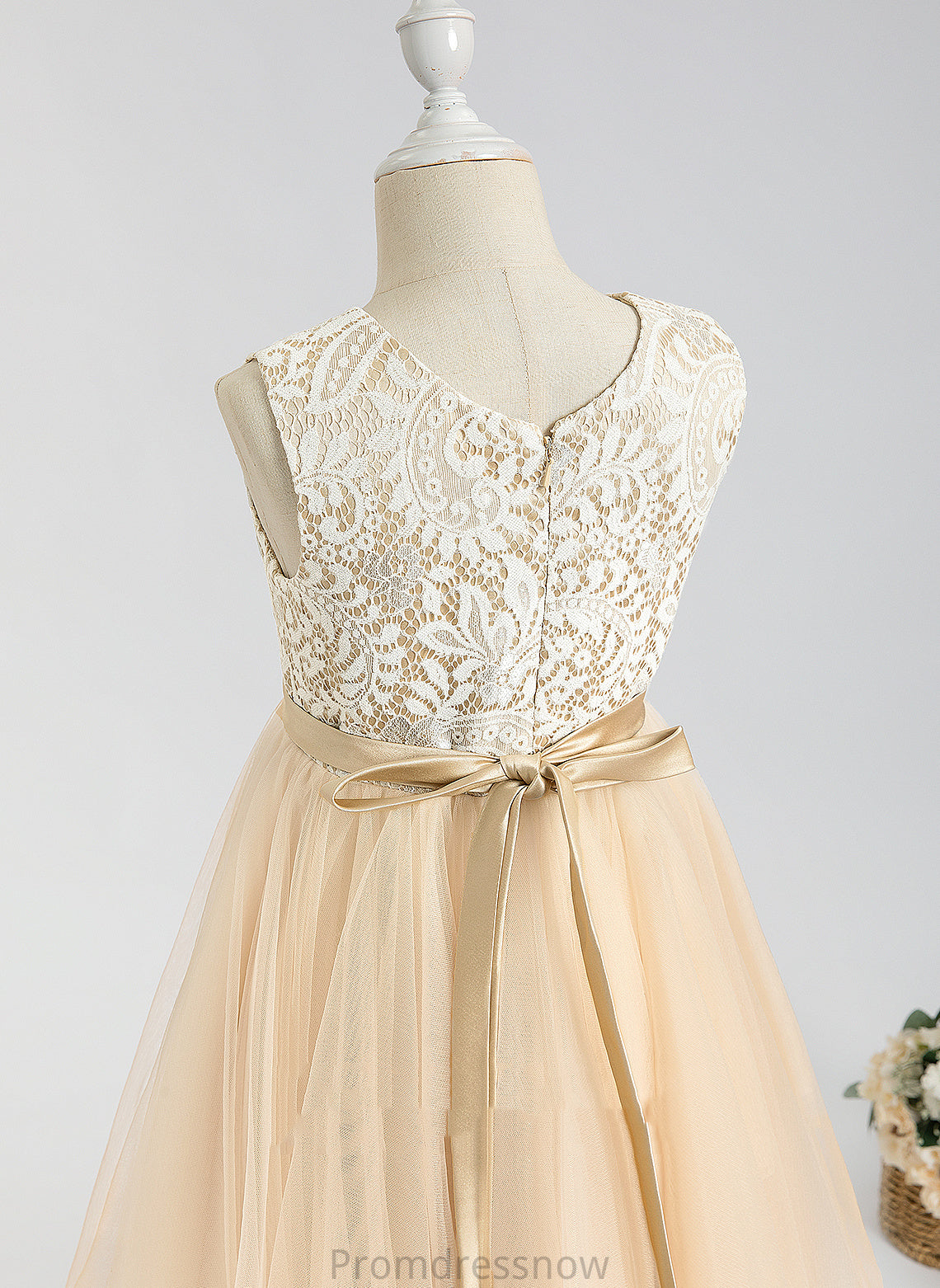 Dress Lace/Bow(s) With Flower Flower Girl Dresses - Neck Scalloped Tulle Sleeveless Girl Mckenna Tea-length A-Line