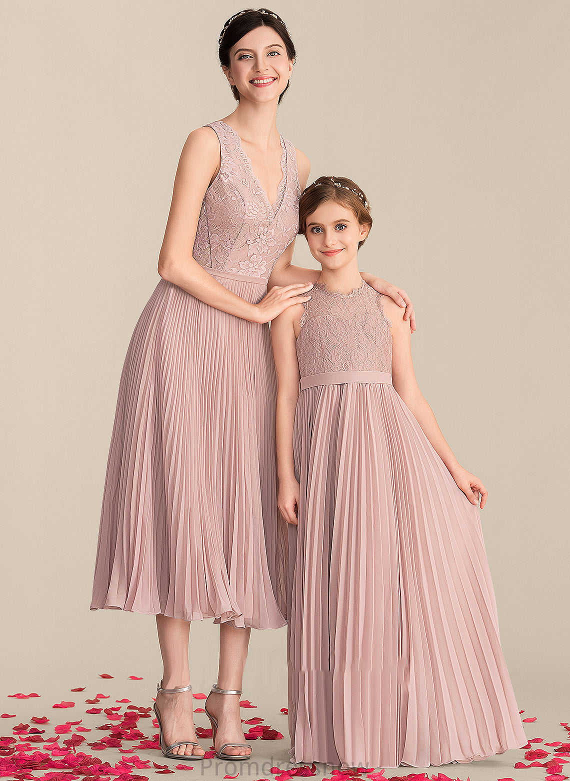 A-Line Length Embellishment V-neck Fabric Pleated Silhouette Neckline Tea-Length Ellen A-Line/Princess Natural Waist Bridesmaid Dresses