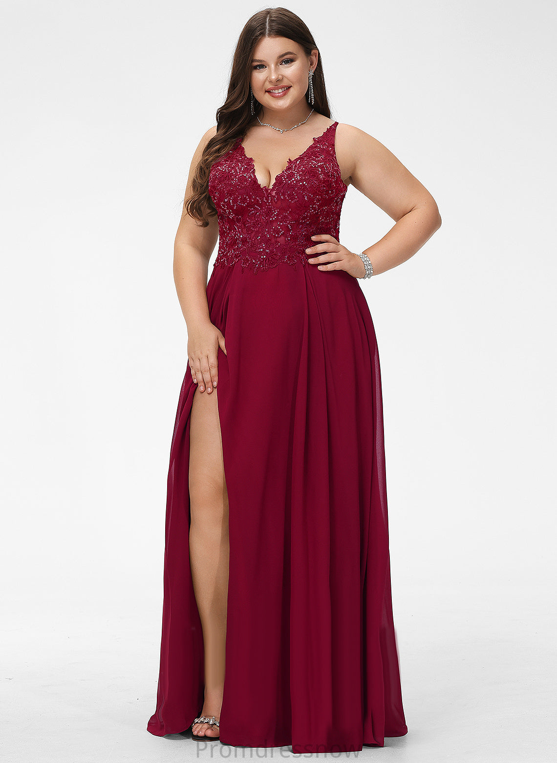 With Sequins V-neck Floor-Length Chiffon Mariam Prom Dresses A-Line